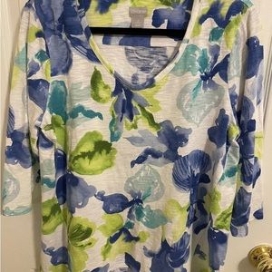 🐠 Chico's Multicolor Blue & Lime Green Floral V-Neck Short Sleeve Tee 2, Large